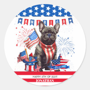 Sticker Rond French Bulldog Happy 4 juillet Amérique patriotiqu
