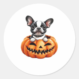 Sticker Rond French Bulldog Happy Halloween Classique citrouill