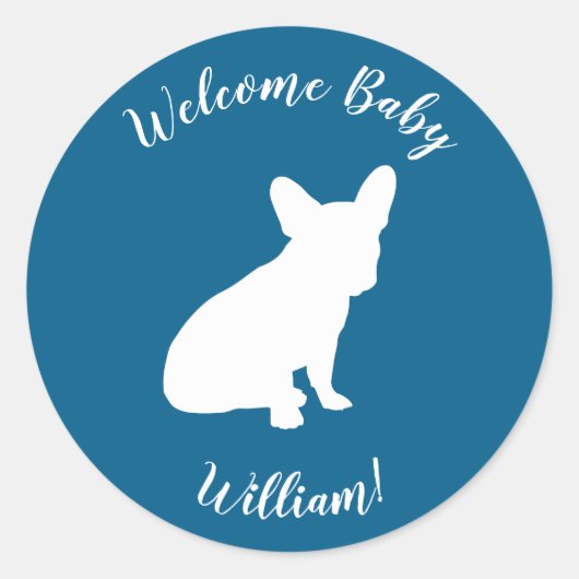 Sticker Rond French Bulldog Theme Party - Baby shower Blue (Devant)