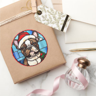 Sticker Rond French Bulldog Vitrail Christmas
