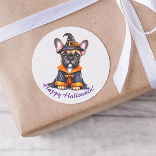 Sticker Rond Frenchie Halloween Purple Robe Witchy Hat