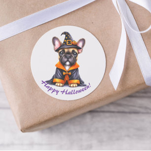 Sticker Rond Frenchie Halloween Robe Violette Chapeau de Sorciè