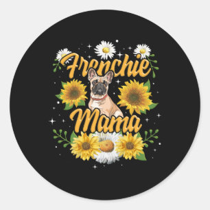 Sticker Rond Frenchie Mama French Buldog Sunflower