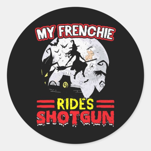 Sticker Rond Frenchie Rides Shotgun Halloween (Devant)
