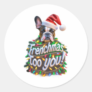 Sticker Rond Frenchmas to you Bulldog Chien de Noël Lumière