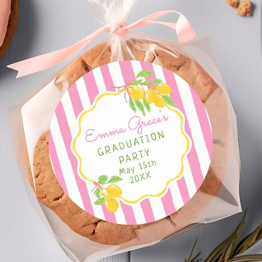 Sticker Rond Freshly Graduated Lemon Pink Stripes Graduation