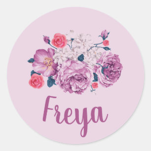 Sticker Rond Freya Nom Floral Personnalisé Fleur Fille Vintage