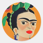 Sticker Rond Frida Kahlo autocollant, arrière - plan orange (Devant)