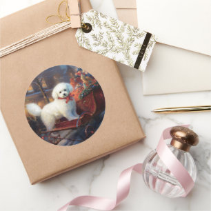 Sticker Rond Frise de Bichon Frise Festin de Noël