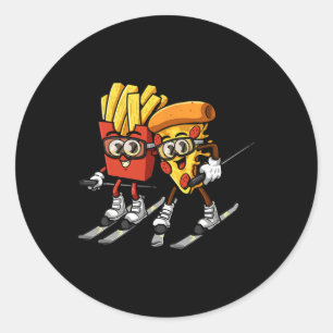 Sticker Rond Frites Pizza Ski Drôle Skieur Nourriture Rapide Sk
