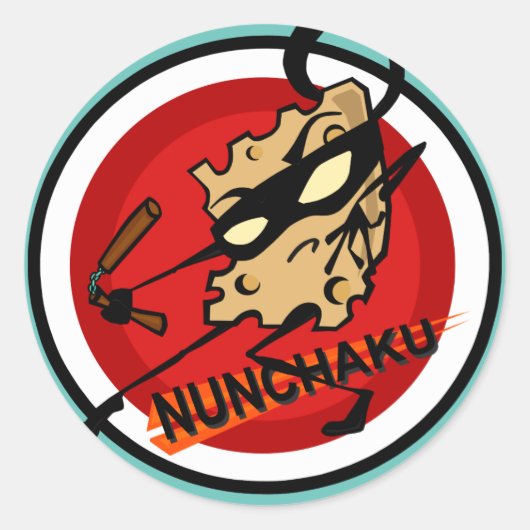 STICKER ROND FROMAGE DE NINJA AVEC BÂTIMENTS RONDS NUNCHUCKS (Devant)