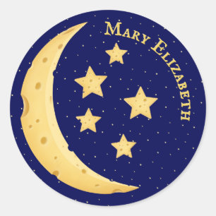 Sticker Rond Fromage mignon Lune & Étoiles Personnalisé Céleste