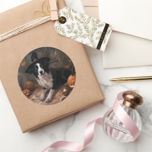 Sticker Rond Frontière Collie Citrouilles Halloween effroi (Cadeaux)