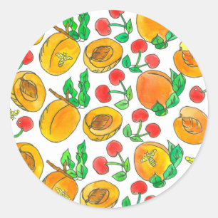 Sticker Rond Fruit d'aquarelle de cerises d'abricots d'abeilles