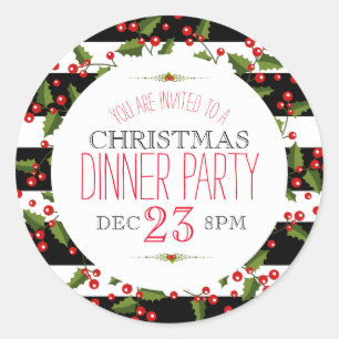 Sticker Rond Fruits de Noël Berry Wreath Black & White Strips