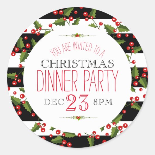 Sticker Rond Fruits de Noël Berry Wreath Black & White Strips (Devant)