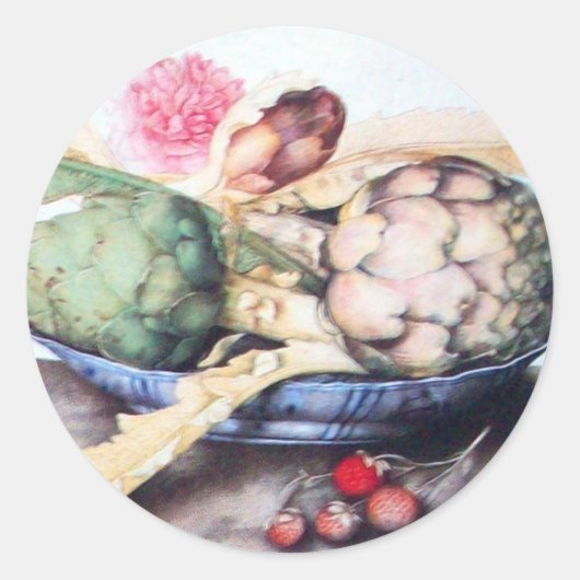 STICKER ROND FRUITS DE SAISON 4- ARTICHOKES, ROSE & FRAISES (Devant)