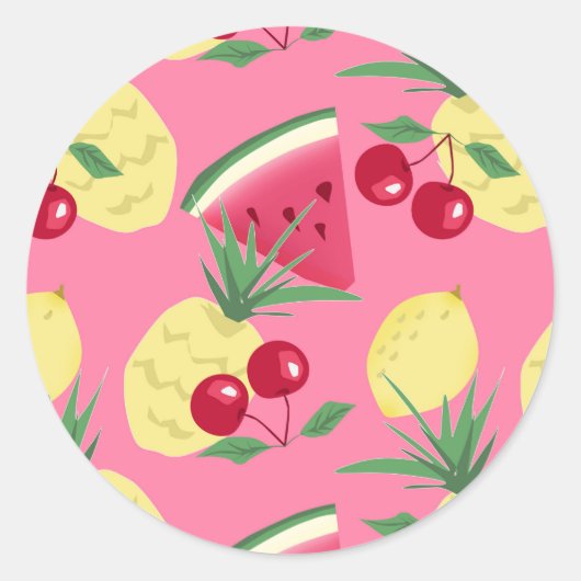 Sticker Rond Fruits juteux sur un arrière - plan rouge rose. (Devant)