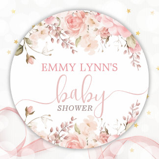 Sticker Rond Fuchsia Bébé en Fleur Baby Shower 