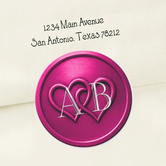 Sticker Rond Fuchsia Deux Cœurs Entrelacés Monogramme Mariage