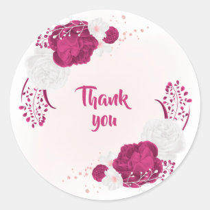 Sticker Rond fuchsia & fleurs blanches merci
