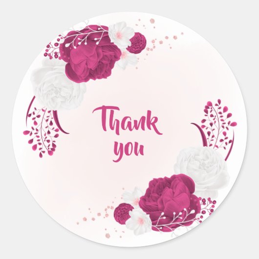 Sticker Rond fuchsia & fleurs blanches merci (Devant)