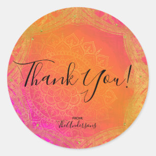 Sticker Rond Fuchsia Pink Orange & Gold Indian Mandala Party
