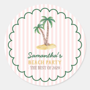 Sticker Rond Fuchsia rayures Rétro Palm Beach Party