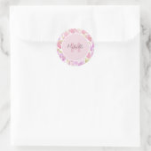 Sticker Rond Fuchsia Rose Vert Fleurs Monogramme Aquarelle (Sac)