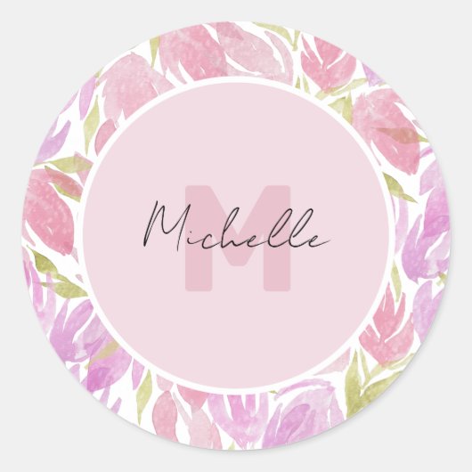 Sticker Rond Fuchsia Rose Vert Fleurs Monogramme Aquarelle (Devant)