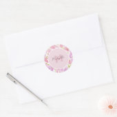 Sticker Rond Fuchsia Rose Vert Fleurs Monogramme Aquarelle (Enveloppe)
