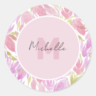 Sticker Rond Fuchsia Rose Vert Fleurs Monogramme Aquarelle