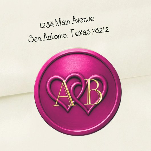 Sticker Rond Fuchsia Two Hearts Intertwined Monogram Wedding