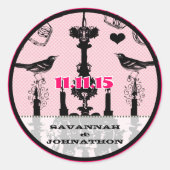 Sticker Rond Fuchsia Vintage Lustre rose Mariage d'oiseaux (Devant)