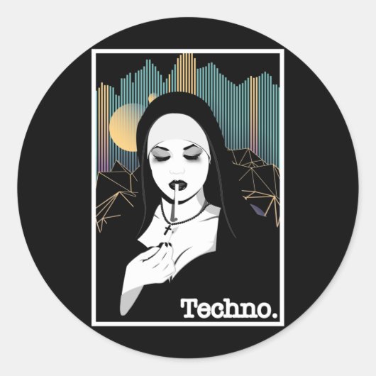 Sticker Rond Fumer Techno Nun Religion Retro Basse Musique (Devant)
