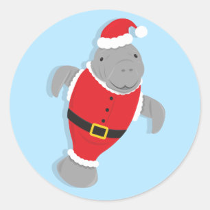 Sticker Rond Fun Animal Père Noël Manatee Noël