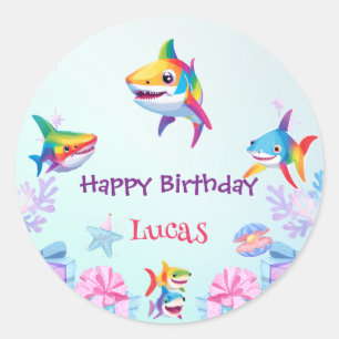 Sticker Rond Fun arc-en-ciel requin anniversaire ballon fête fa