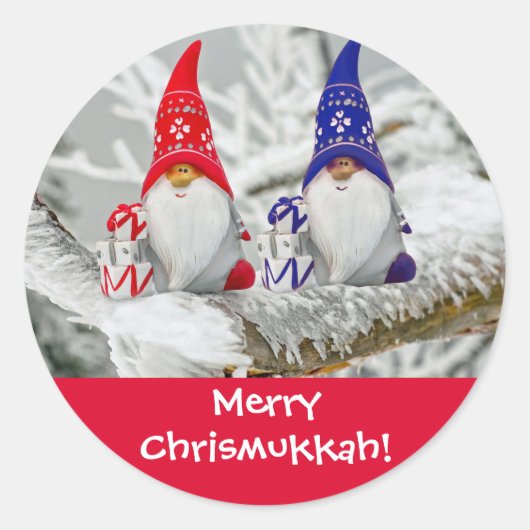 Sticker Rond Fun Blue and Red Merry Chrismukkah Père Noël Elves (Devant)