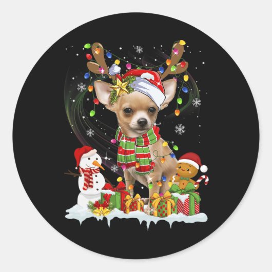 Sticker Rond Fun Chihuahua Noël Chien moche Santa Hat Lumières (Devant)