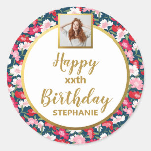 Sticker Rond Fun Fleurs colorées, Photo personnalisée, Joyeux a