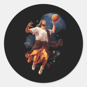 Sticker Rond Fun Jesus Jouer Basketball