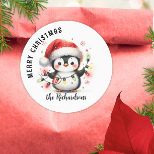 Sticker Rond Fun Manchot avec lumières Nom de famille Noël