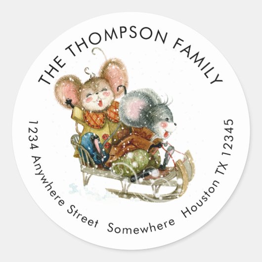 Sticker Rond Fun Mice Sleigh Nom Adresse de retour (Devant)