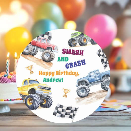 Sticker Rond Fun Monster Trucks Birthday Party