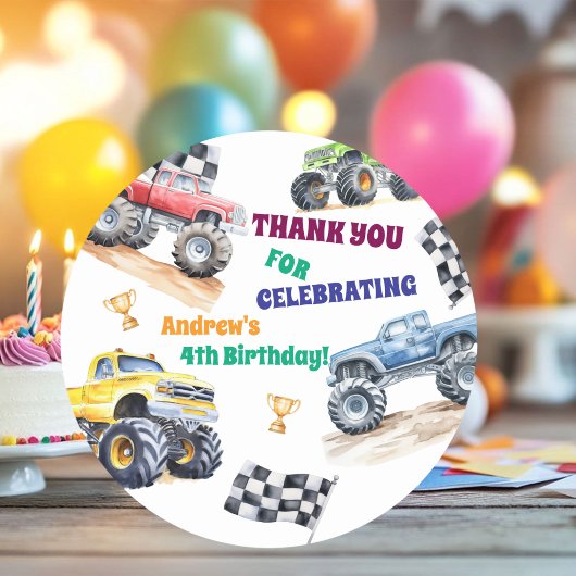 Sticker Rond Fun Monster Trucks Birthday Party 