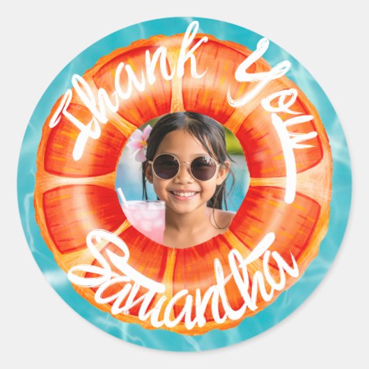 Sticker Rond Fun Orange Pool Party Thank You (Devant)