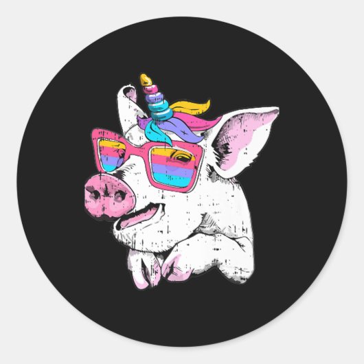 Sticker Rond Fun Pig Piglet Unicorn Horn Glasses mignonne Farm (Devant)