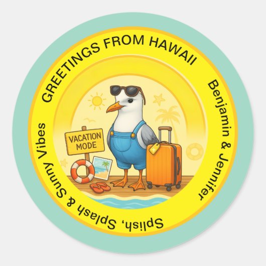 Sticker Rond fun sunny destination seagull beach traveller (Devant)