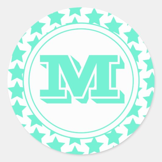 Sticker Rond Fun Turquoise Stars Motif & Monogramme (Devant)