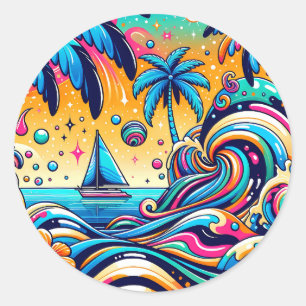 Sticker Rond Fun Whimsic Psychedelic Voilier